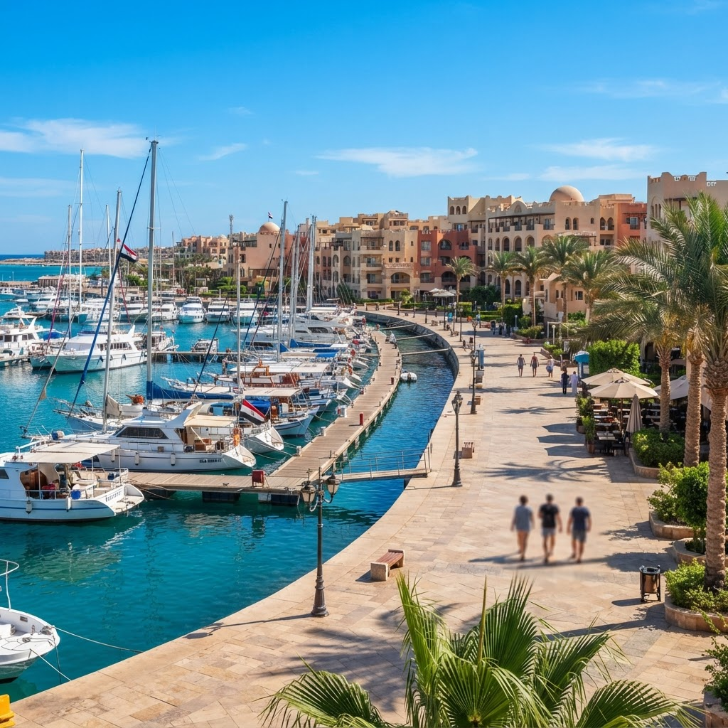 Boats docked along the Hurghada marina promenade on the Red Sea