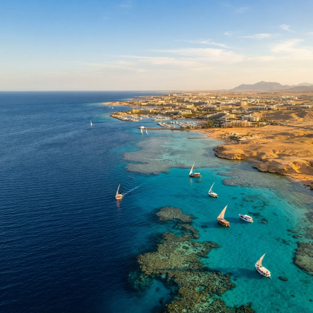 Aerial view of the turquoise Red Sea coastline meeting the desert in Hurghada, Egypt